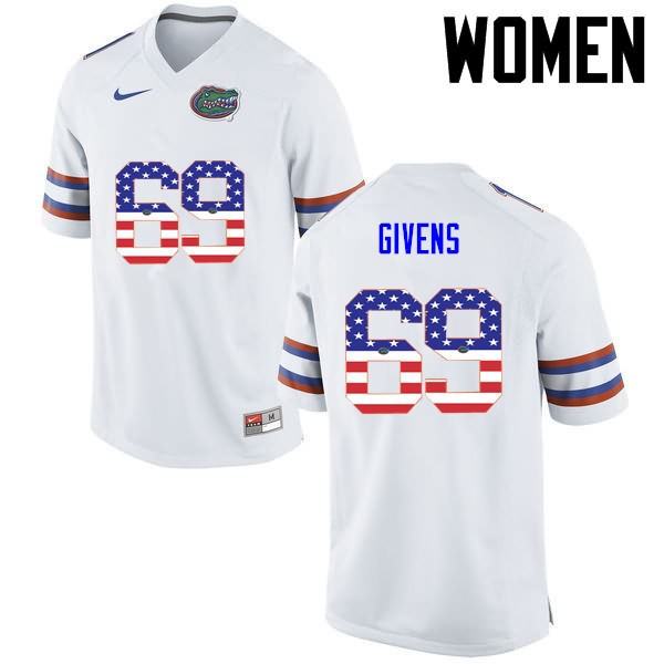 Women's NCAA Florida Gators Marcus Givens #69 Stitched Authentic USA Flag Fashion Nike White College Football Jersey OCE3265NC